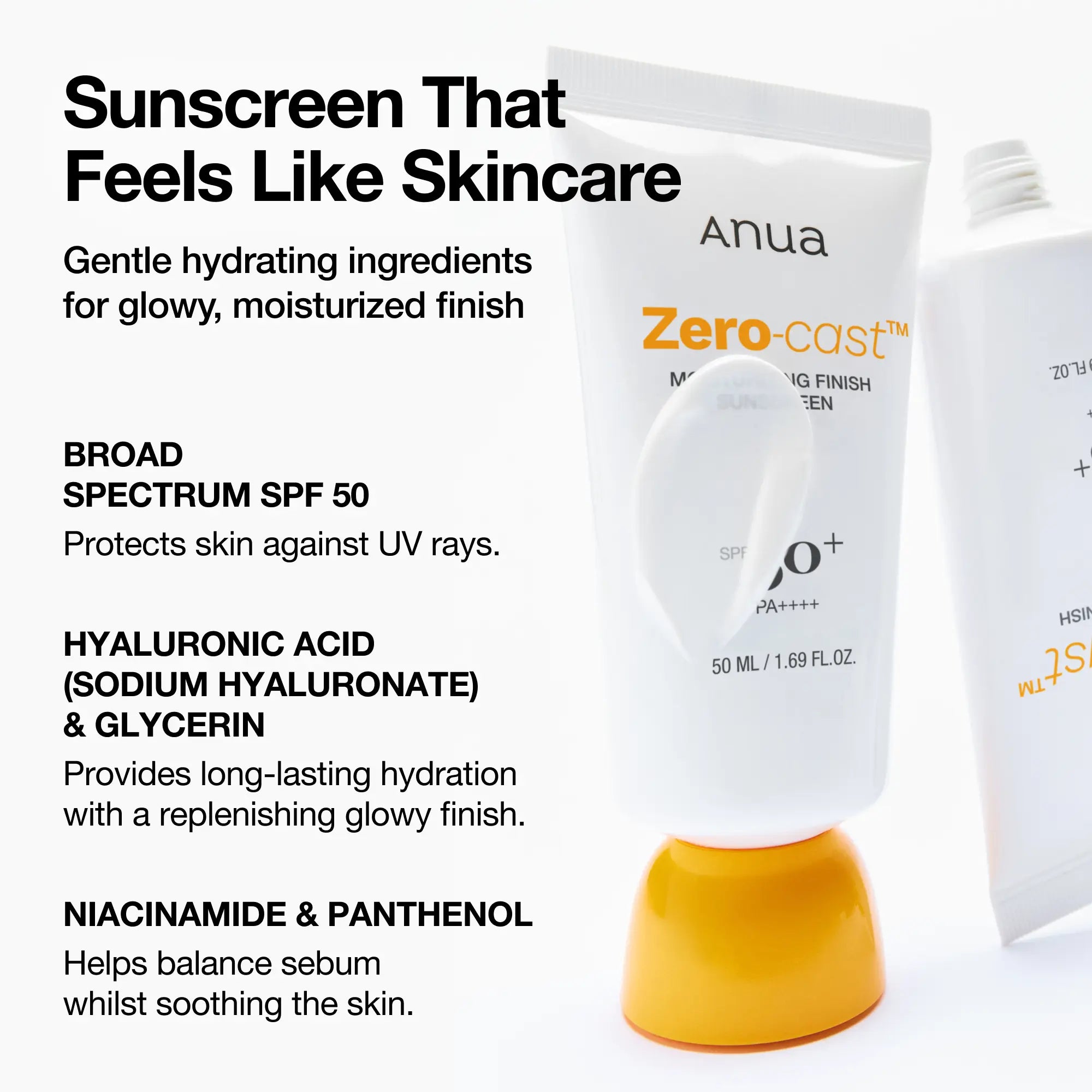 [Anua] Zero-Cast Moisturizing Finish Sunscreen (50Ml) ｜SPF 50, Korean Sunscreen, Sun Protection, Waterproof, No White Cast, Lightweight, Korean Skincare, Makeup Longevity